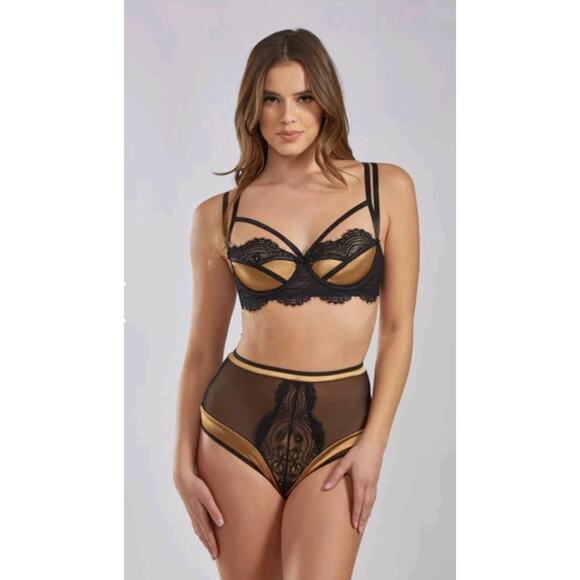 Icollection Pazia Bra Set Satin Lace Lingerie Black, Gold Elegant & Comfy $63 - Picture 3 of 10